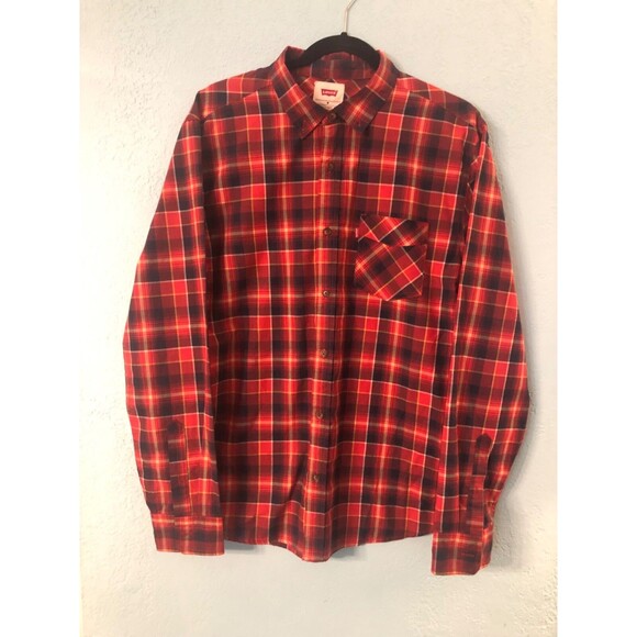 Mens Western Shirt M Red Black‎ Plaid Levi's Button up Long Sleeve Cowboy Ranch - Picture 1 of 9